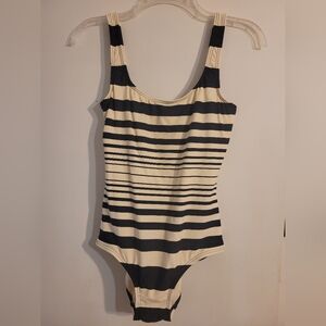 DKNY Black and Cream Striped One Piece Swimsuit